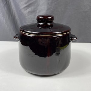 May include: A dark brown ceramic pot with a matching lid. The pot has two small handles on either side and a rounded shape. The lid has a small knob on top. The pot is likely used for cooking or storage.