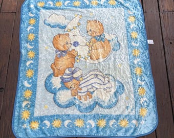 Vintage 1990s NovaTex Baby Plush Blanket Blue Sun Moon Bear Super Rare HTF