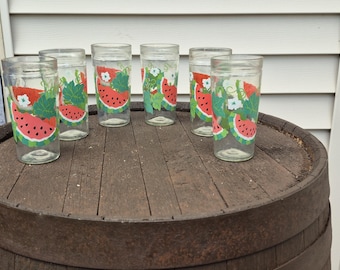 Vintage Anchor Hocking set of 6 drinking glasses featuring a vibrant watermelon design, often referred to as "jelly jar" style tumblers.