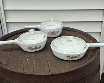 Vintage set of 6 Corning Ware "Spice of Life" pattern skillets from the 1970s.
