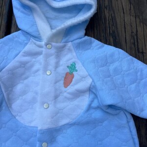 Puede incluir: Mono de beb&eacute; azul claro con capucha y patr&oacute;n acolchado. La parte delantera presenta un panel blanco tipo babero con una aplicaci&oacute;n de zanahoria. El mono tiene tres cierres de bot&oacute;n y est&aacute; dise&ntilde;ado para beb&eacute;s.