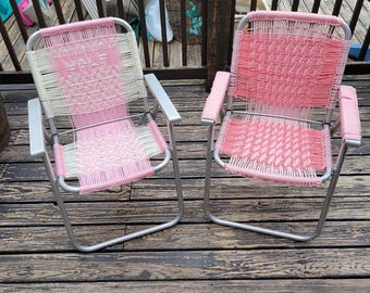 Vintage Pair Macrame Pink Aluminum Folding Lawn Chairs