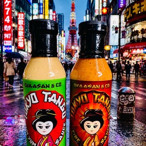 May include: Two plastic bottles of Tokyo Tango sauce by Okaasan & Co. The left bottle has a green label with a Yum sauce, and the right bottle has a red label with a Fire sauce. Both feature a cartoon character and 355 ml volume text.