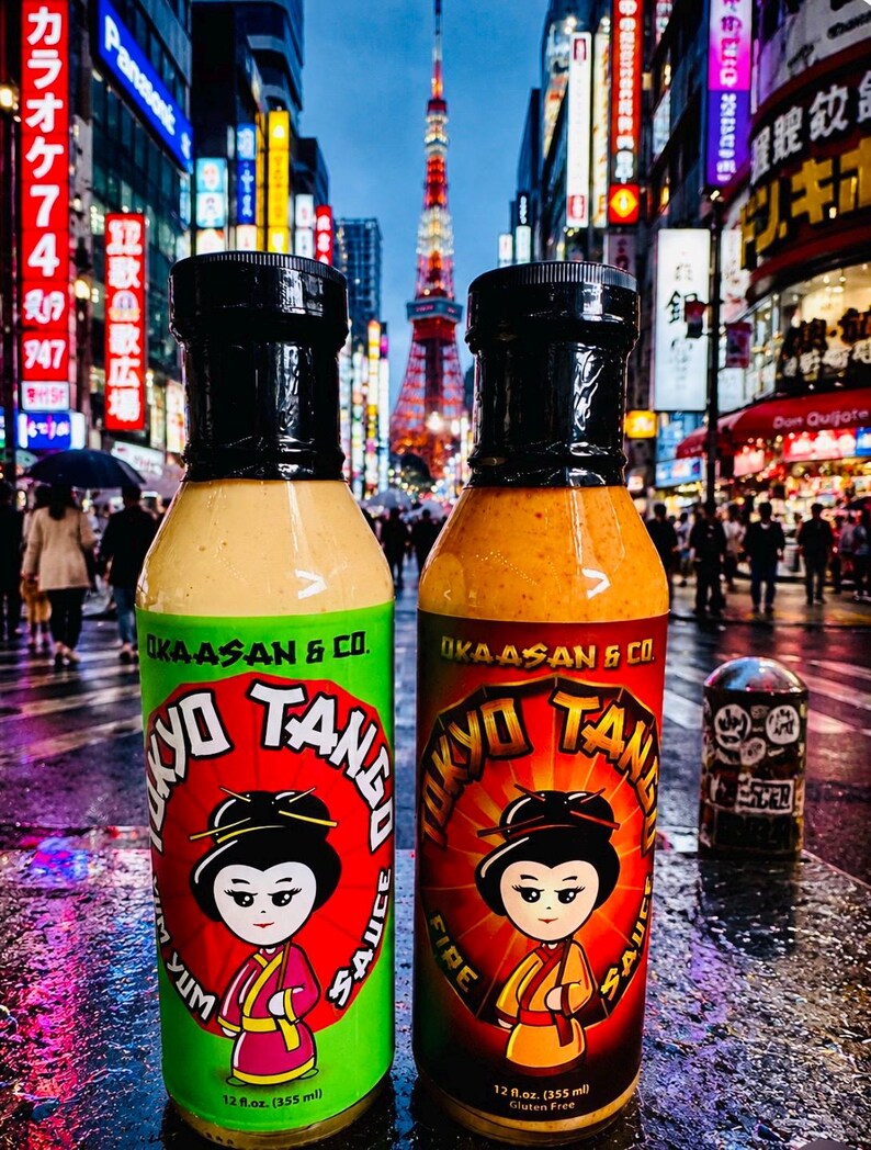 May include: Two plastic bottles of Tokyo Tango sauce by Okaasan & Co. The left bottle has a green label with a Yum sauce, and the right bottle has a red label with a Fire sauce. Both feature a cartoon character and 355 ml volume text.