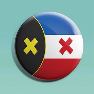 May include: A round button with a black, yellow, blue, white, and red design. The button features a yellow X on a black background and a red X on a white background.