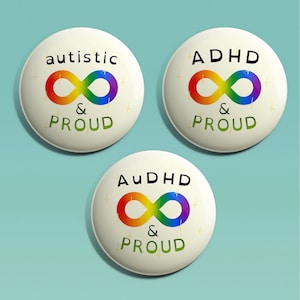 Neurodivergent Pride Badges | Autism, ADHD, AuDHD, Autistic, Proud, Disability, Disabled, Awareness, Rainbow