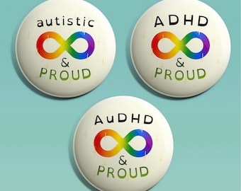 Neurodivergent Pride Badges | Autism, ADHD, AuDHD, Autistic, Proud, Disability, Disabled, Awareness, Rainbow