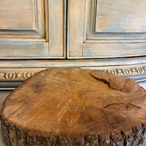May include: A natural wood slice with a rough bark edge. The round, brown wood has visible grain and a split. The wood slice is likely used for serving or display purposes. The background features a cabinet with blue and beige paint.