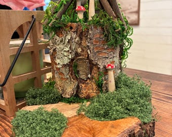 Fairy Garden Tree Stump House | Real Lichen Wood Trunk, Moss Roof Cottage, Woodland Decor