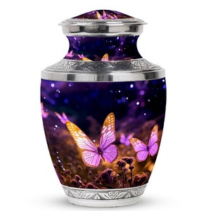 Floral Butterfly Memorial Urn: Purple Ceramic Keepsake, Ash Holder for Mom