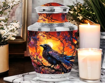 Raven Cremation Urn for Human Ashes-Artistic Large Aluminum Urn for Adult Male or Female, Mystical Memorial Keepsake, Decorative Burial Urn