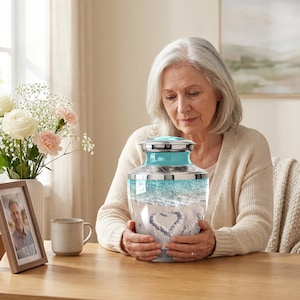 Urn with beach design and seashell decor, adult cremation urn, beach keepsake urn, ocean remembrance urn, handmade funeral urn, turquoise ocean urn, aqua blue cremation urn, turquoise beach memorial urn, sea wave urn for ashes, blue ocean memorial urn, tropical ocean cremation urn, ocean waves cremation urn, coastal urn, urn for ashes