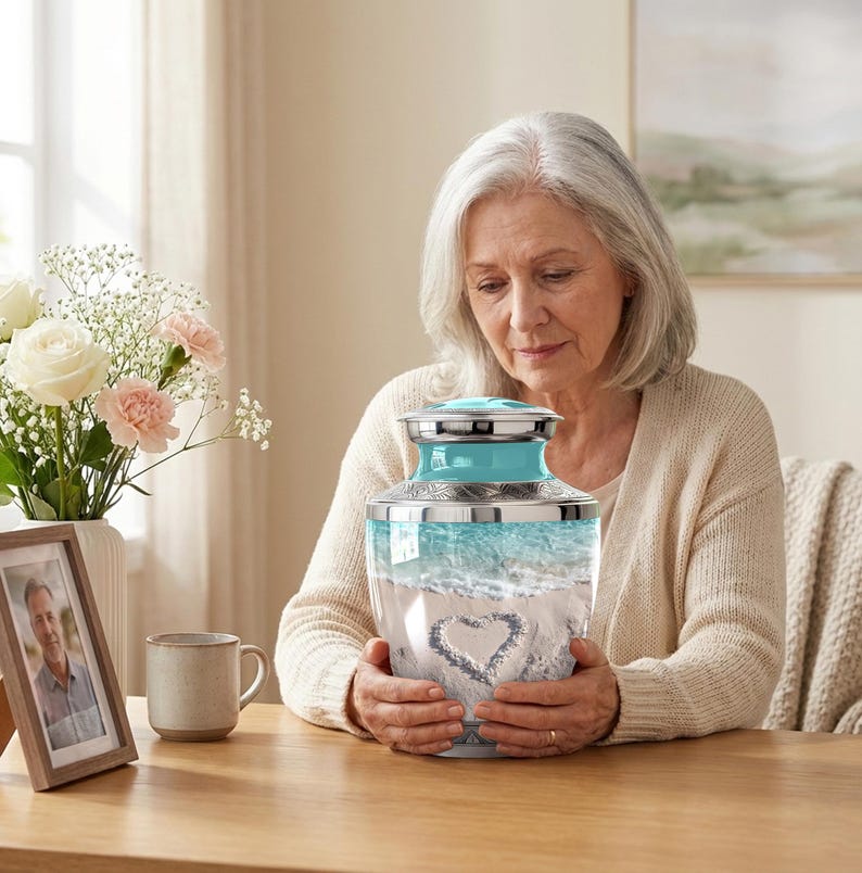 Urn with beach design and seashell decor, adult cremation urn, beach keepsake urn, ocean remembrance urn, handmade funeral urn, turquoise ocean urn, aqua blue cremation urn, turquoise beach memorial urn, sea wave urn for ashes, blue ocean memorial urn, tropical ocean cremation urn, ocean waves cremation urn, coastal urn, urn for ashes