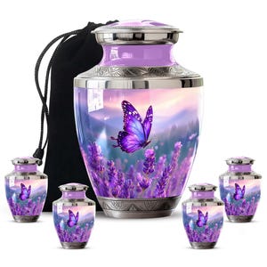 Personalized Butterflies Urn for Ashes - Memorial Urn for Human Ashes, Decorative Keepsake Urn, Funeral Urn, Tribute Urn, Purple Urn for mom 10" 1 Pc & 3" 4 Pcs