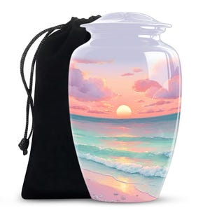 Full size ocean urn for ashes with a pastel beach scene and sunset sky, perfect for sea lovers and adult memorials.