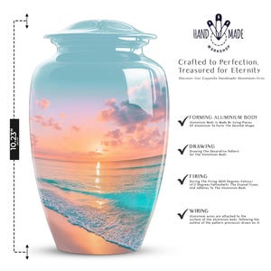 Large aluminum urn with beach scene and spiritual memorial urn artwork, handmade funeral urn for ocean remembrance