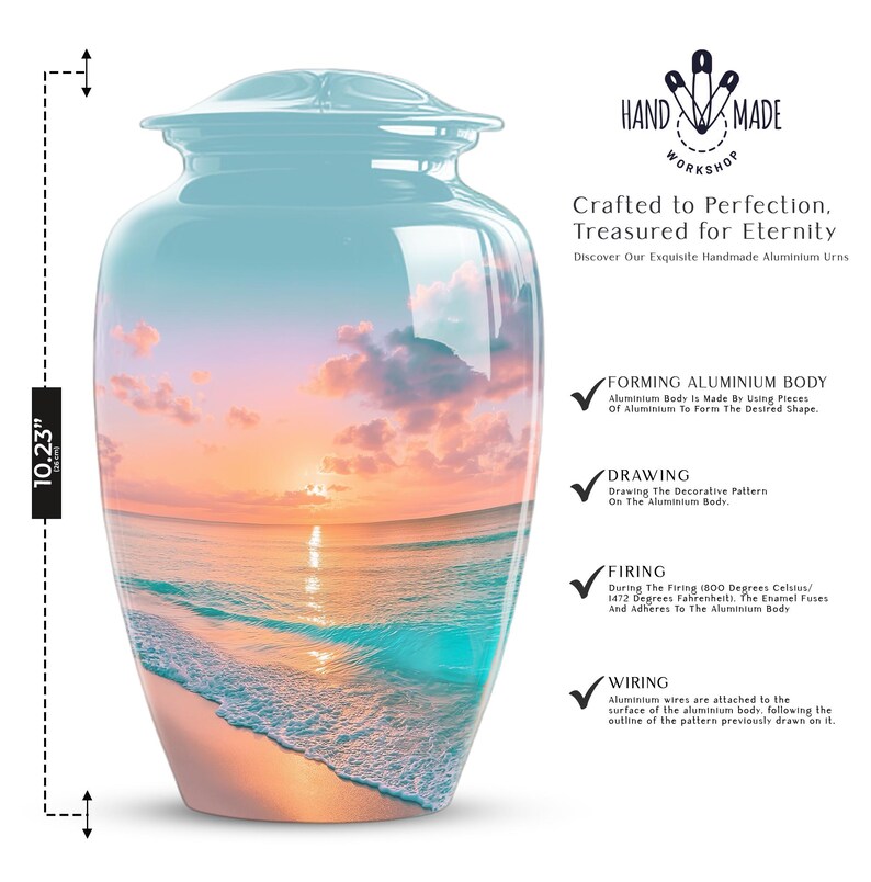 Large aluminum urn with beach scene and spiritual memorial urn artwork, handmade funeral urn for ocean remembrance