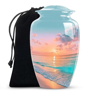 Ocean sunset urn with beach cremation urn design, adult ashes urn shown as peaceful ocean themed urn for memorial tribute