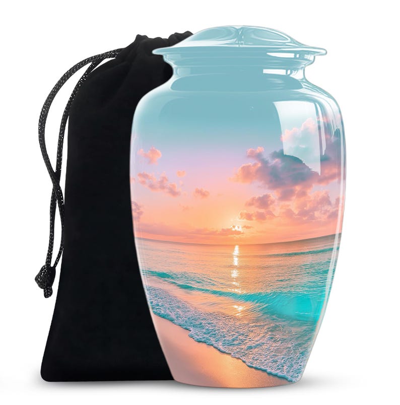 Ocean sunset urn with beach cremation urn design, adult ashes urn shown as peaceful ocean themed urn for memorial tribute