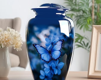 Blue Butterfly Urn, Cremation Urns for Human Ashes, Decorative Keepsake Urn, Large Urn for Ashes Adult Male, Personalized Flower Funeral Urn