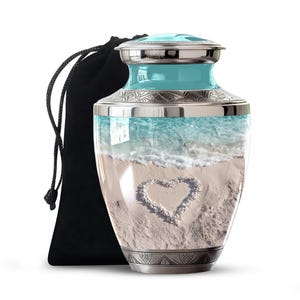 Beach cremation urn with ocean-themed design, adult memorial urn, handmade urn for ashes, heart sand cremation urn, sea ashes container, coastal beach urn for ashes, coastal cremation urn, coastal memorial urn, seaside urn for ashes, coastal themed memorial urn, seashore cremation urn, coastal urn, beach lover urn, ocean beach urn