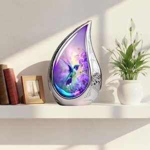 May include: A silver teardrop-shaped vase featuring a hummingbird and purple orchids. The vase has etched details and sits on a white shelf. A small potted plant and books are in the background. The vase is likely made of metal.