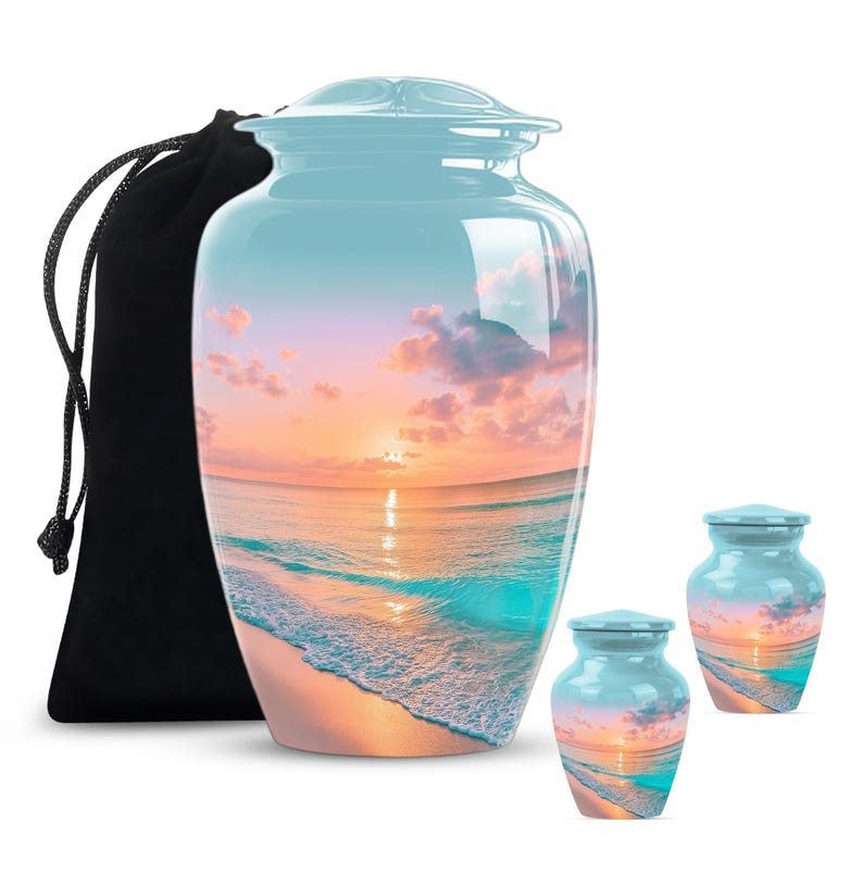 Handmade funeral urn with matching ashes keepsake urn set, beach cremation urn for coastal memorial and ocean souls
