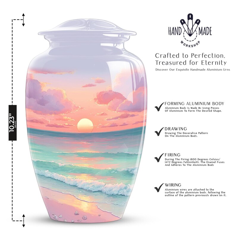 Handmade aluminum beach cremation urn displayed with black velvet bag, featuring coastal sunset and waves.