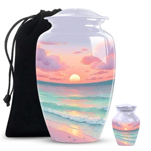 Cremation urn with beach scene in pastel tones, available in full size and keepsake urn set.