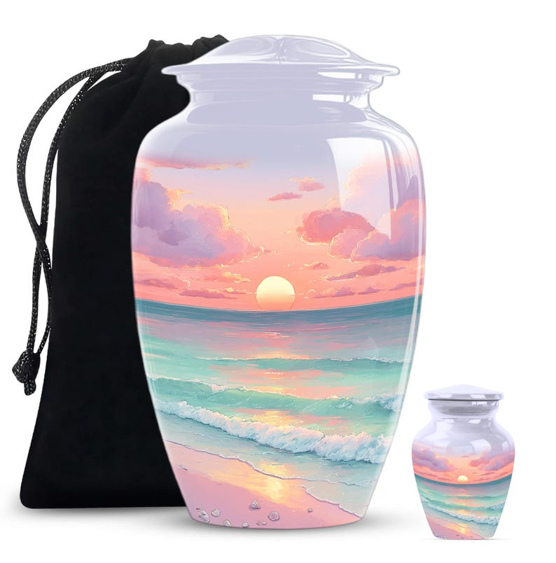 Cremation urn with beach scene in pastel tones, available in full size and keepsake urn set.