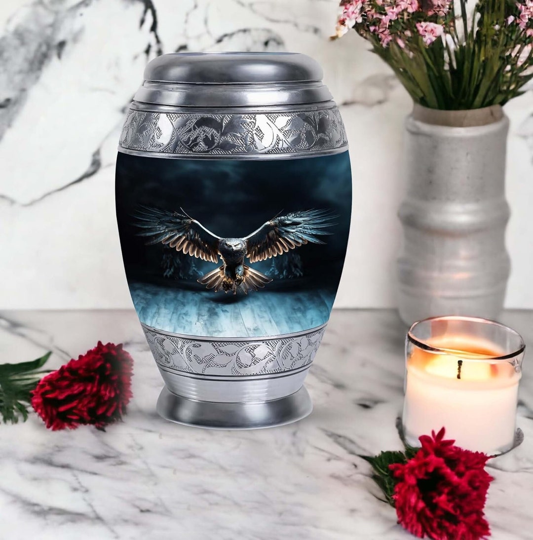 Silver Cremation Urn With Eagle Design Artistic and Memorial Urn for
