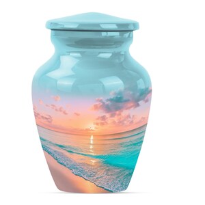 Single ocean themed keepsake urn with beach cremation urn design, blue memorial urn perfect for mini home memorial
