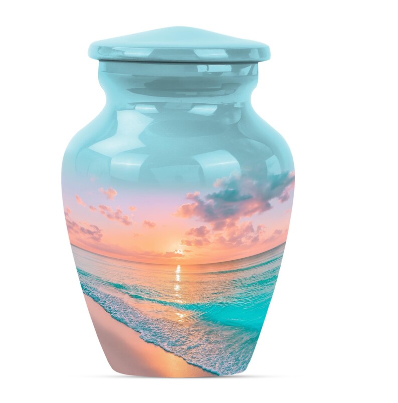 Single ocean themed keepsake urn with beach cremation urn design, blue memorial urn perfect for mini home memorial