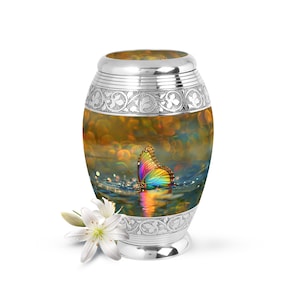 Artistic Butterfly and Water Design Urn - Unique Memorial Urn for Ashes and Personalized Engraving Options, Large 10” and Keepsake 3” Sizes