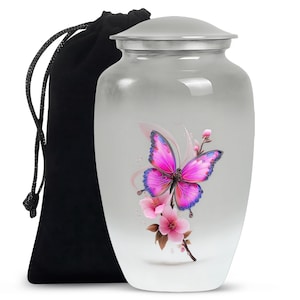 Pink Butterfly Urn, Flower Cremation Urn for Human Ashes Adult Female, Memorial Keepsake Urns for Ash Storage, Urn for Mom Ashes, Grey Urn
