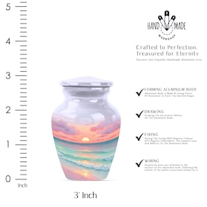 Aluminum urn handmade with detailed tropical beach scene and soft clouds, ideal for ocean lovers.