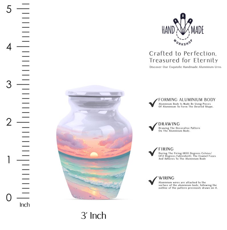 Aluminum urn handmade with detailed tropical beach scene and soft clouds, ideal for ocean lovers.