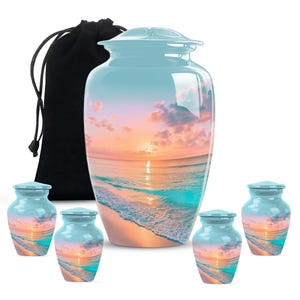 Urn with beach scene and two ocean themed ashes keepsake urns, large aluminum urn set for spiritual memorial service