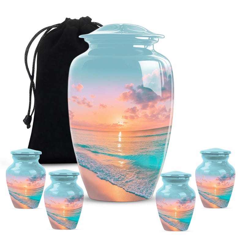 Urn with beach scene and two ocean themed ashes keepsake urns, large aluminum urn set for spiritual memorial service