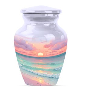 Beach urn with sunset and waves design shown in living room setting for coastal memory display.