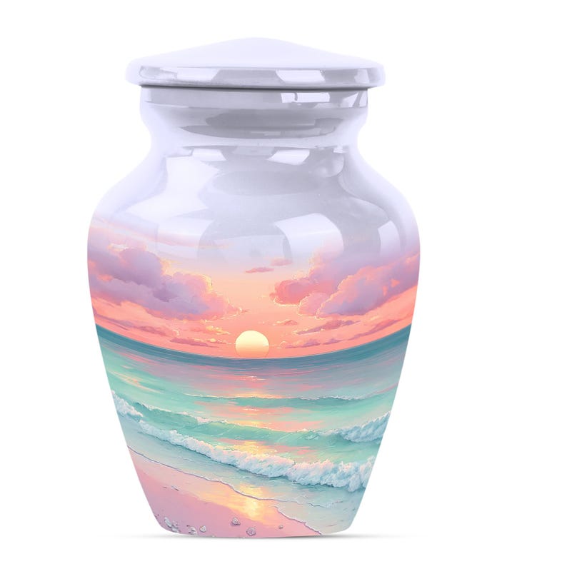 Beach urn with sunset and waves design shown in living room setting for coastal memory display.