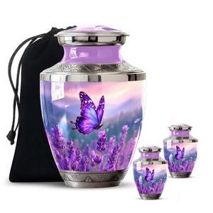 Personalized Butterflies Urn for Ashes - Memorial Urn for Human Ashes, Decorative Keepsake Urn, Funeral Urn, Tribute Urn, Purple Urn for mom 10" 1 Pc & 3" 2 Pcs