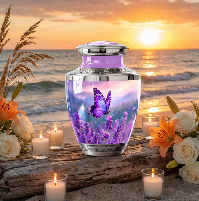 Personalized Butterflies Urn for Ashes - Memorial Urn for Human Ashes, Decorative Keepsake Urn, Funeral Urn, Tribute Urn, Purple Urn for mom 6 inch 1 Pc