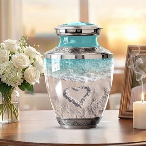 Personalized Ocean Beach Cremation Urns – Coastal Beach Tribute Urns for Human Ashes – Large Decorative Urn for Ashes – Keepsake Blue Urn