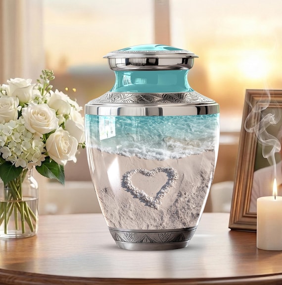 Personalized Ocean Beach Cremation Urns – Coastal Beach Tribute Urns for Human Ashes – Large Decorative Urn for Ashes – Keepsake Blue Urn