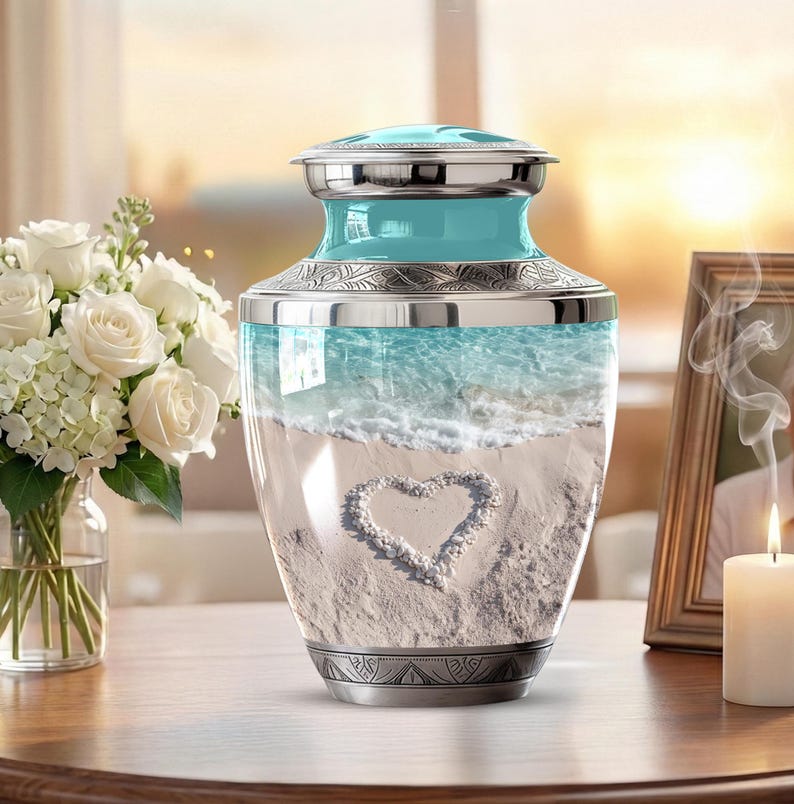 Handmade beach urn with heart in sand motif, ocean memorial urn, cremation set with keepsakes, urn for ashes beach lover gift, ocean beach urn, coastal beach urn, coastal urn, ocean beach urn for ashes, beach cremation urn, beach heart urn for ashes, turquoise ocean urn, ocean waves cremation urn, seaside urn for ashes, beach urn for mom, ocean memorial urn for dad, coastal urn for loved one, beach lover urn for ashes, ocean lover cremation urn, sea lover memorial urn