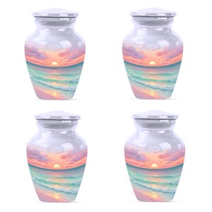 Tropical memorial urn featuring sunset, ocean waves, and a peaceful beach horizon—crafted for lasting tribute.