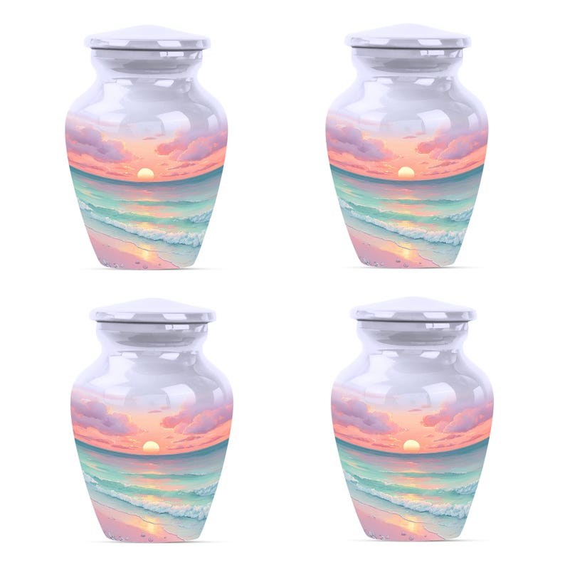 Tropical memorial urn featuring sunset, ocean waves, and a peaceful beach horizon—crafted for lasting tribute.