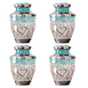 Ashes urn with sea view and starfish elements, funeral urn for beach lover, beach cremation urn, adult cremation urn, beach keepsake urn, memorial urn set of 4, heart in sand cremation urn, heart shaped beach urn, heart on beach urn, beach heart urn, ocean heart memorial urn, beach heart urn for ashes, turquoise beach memorial urn, ocean waves urn, coastal beach urn