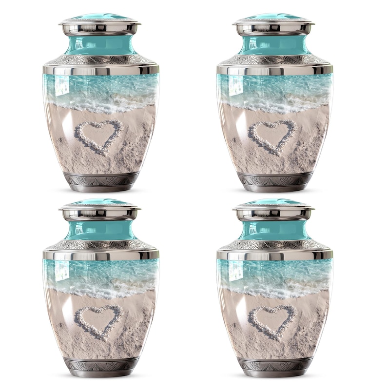 Ashes urn with sea view and starfish elements, funeral urn for beach lover, beach cremation urn, adult cremation urn, beach keepsake urn, memorial urn set of 4, heart in sand cremation urn, heart shaped beach urn, heart on beach urn, beach heart urn, ocean heart memorial urn, beach heart urn for ashes, turquoise beach memorial urn, ocean waves urn, coastal beach urn